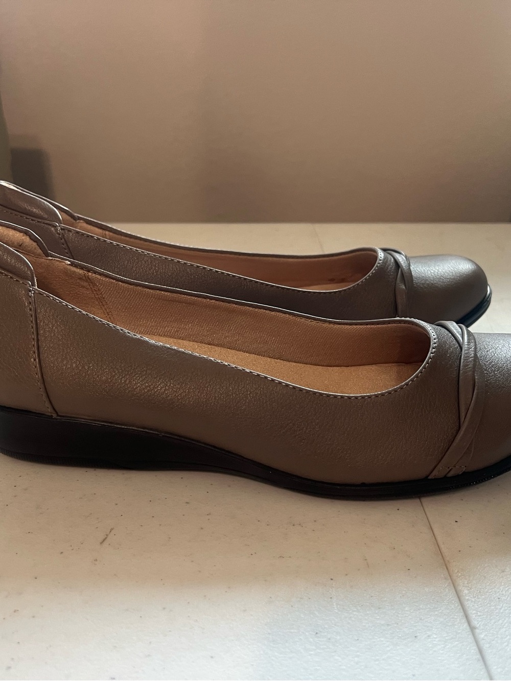 Life Stride Taupe Leather Wide Slip-On Flats